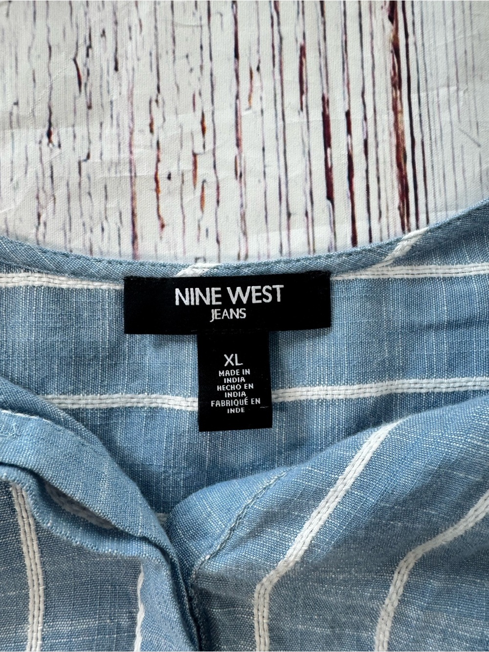 Nine West Jeans XL Blue White Stripe Tunic Blouse Split Neck 3/4 Sleeve Coastal - Picture 8 of 10